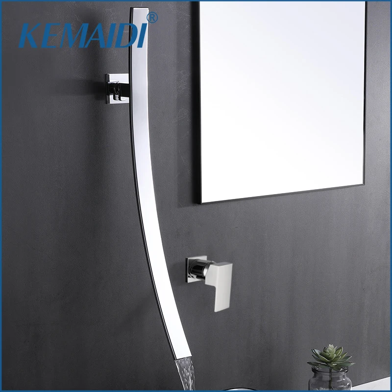 

KEMAIDI Modern Faucet Bathroom Waterfall Faucet with long Spout Wall Mount Sink Faucet Single Handle Vanity Hot Cold Water Mixer