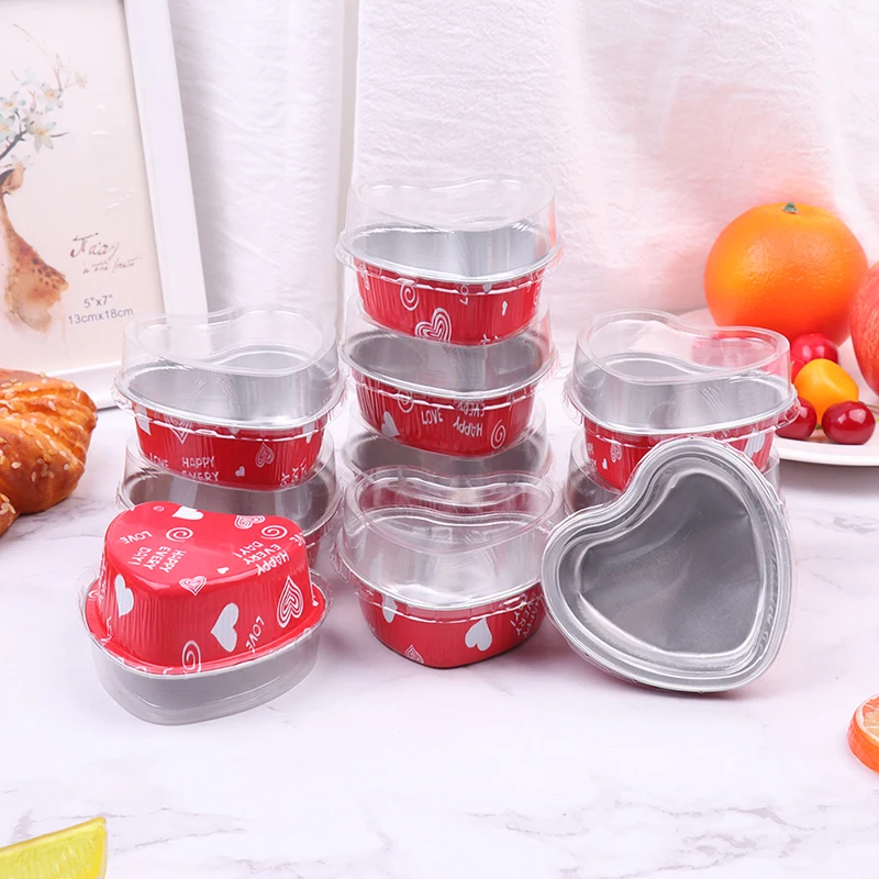 10Pcs/Set 100ML Heart Shaped Aluminum Foil Cake Pan Cupcake Cup with Lids Flan Baking Pans for Valentine's Day Wedding Birthday