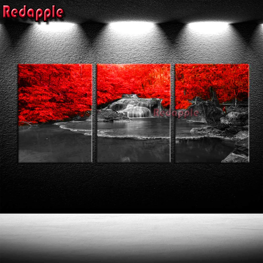 

3pcs Black and White Red tree Waterfall Diamond Painting Home Decoration Full Drill Square Round Embroidery Picture Handcraft