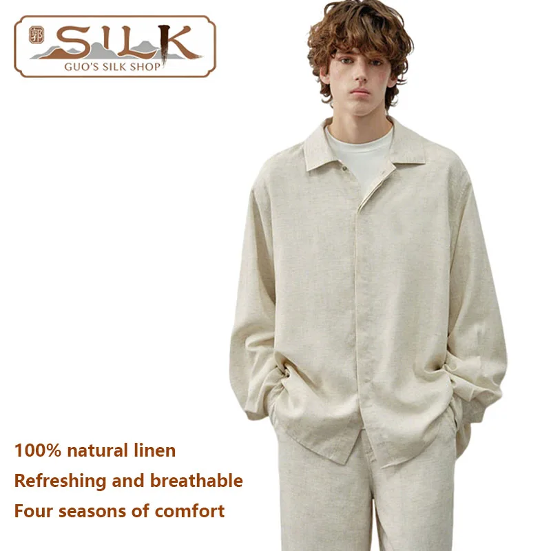 

High-end Natural Pure Linen Men's Shirt - Long-sleeved Casual Jacket - Simple Style - Outdoor Leisure Fashion Top