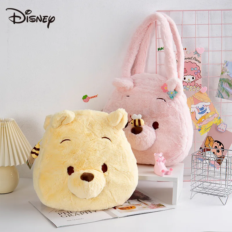 Disney Cartoon Winnie The Pooh Bear Anime Stitch Plush Doll Toys Shoulder Handbag Bear Plush Tote Bag Schoolbag Girl Kids Gifts