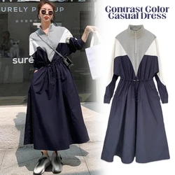 New Contrast Color Casual Dress Women 2024 Spring Autumn Loose Fit Half Open Collar Fashion Dresses Streetwear Commuting Dress