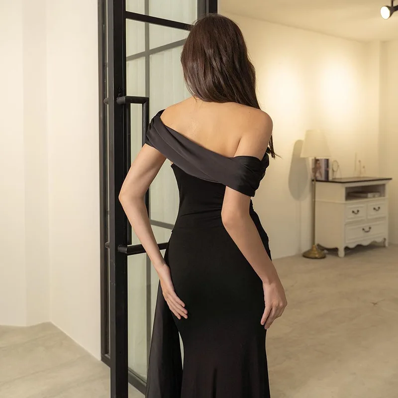 Sexy One Shoulder Mesh Patchwork Ribbon Maxi Dress Women Fashion Slim Fit Black Elegant Party Evening Long Dress 2023 Spring