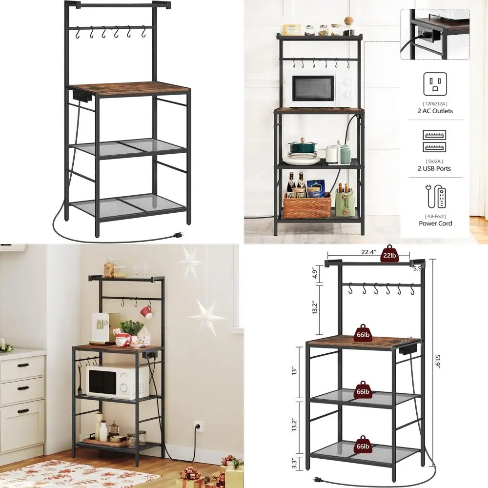 

Rustic Brown Kitchen Storage Shelf with Power Outlet, 6 Hooks, and 4-Tier Coffee Bar