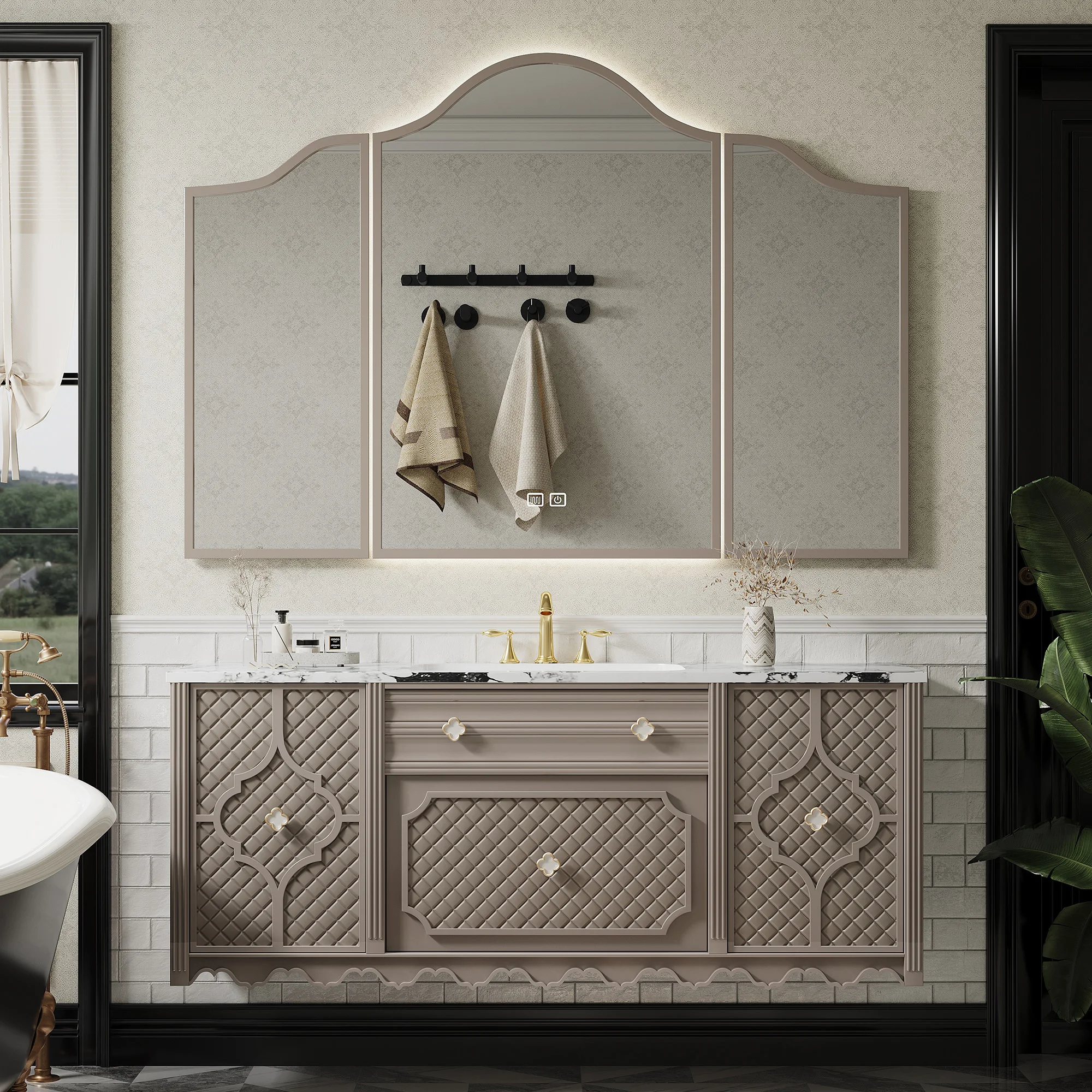 French Style Bathroom Vanity with Single Sink Smart LED Light Defogging Mirror Solid Wood Vanity for Hotel Use