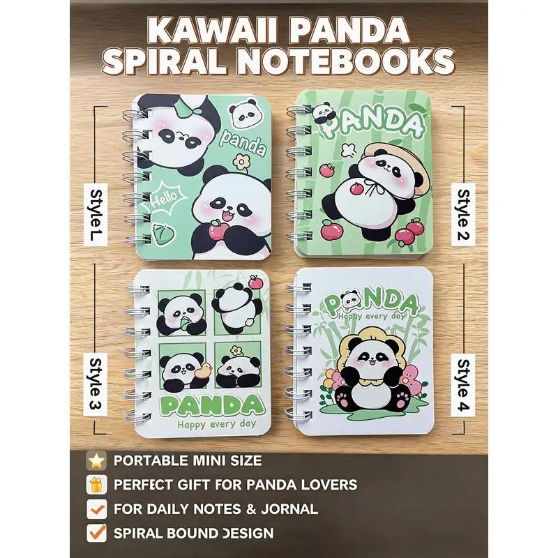 320 Pages Cartoon Panda Spiral Notebooks 4Pcs Mini Pocket Vocabulary Notepads A7 Portable Small Notebook