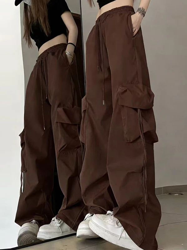 Retro Straight Leg Work Pants Women's Street Style Hip Hop Dance Trousers Pleated Casual Pants High Waist Polyester Fiber