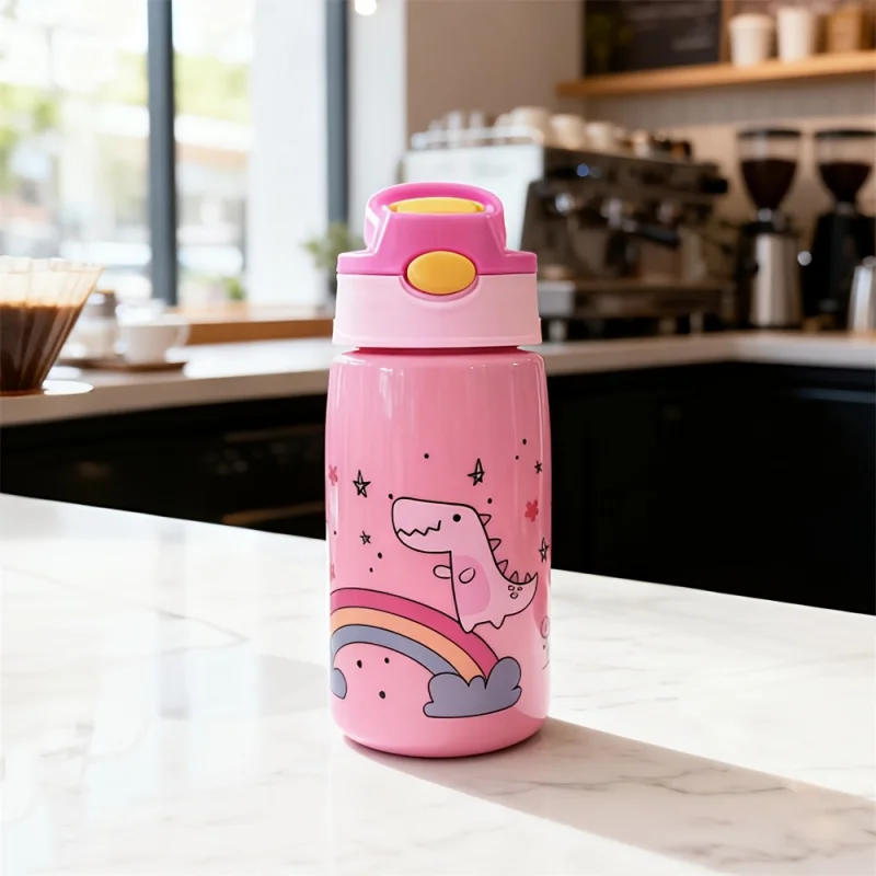 زجاجة مياه لطيفة 480 مل، زجاجة مياه محمولة متينة سعة 500 مل مع قش ومقبض، مادة كمبيوتر خالية من مادة BPA، غطاء قابل للغلق مانع للتسرب