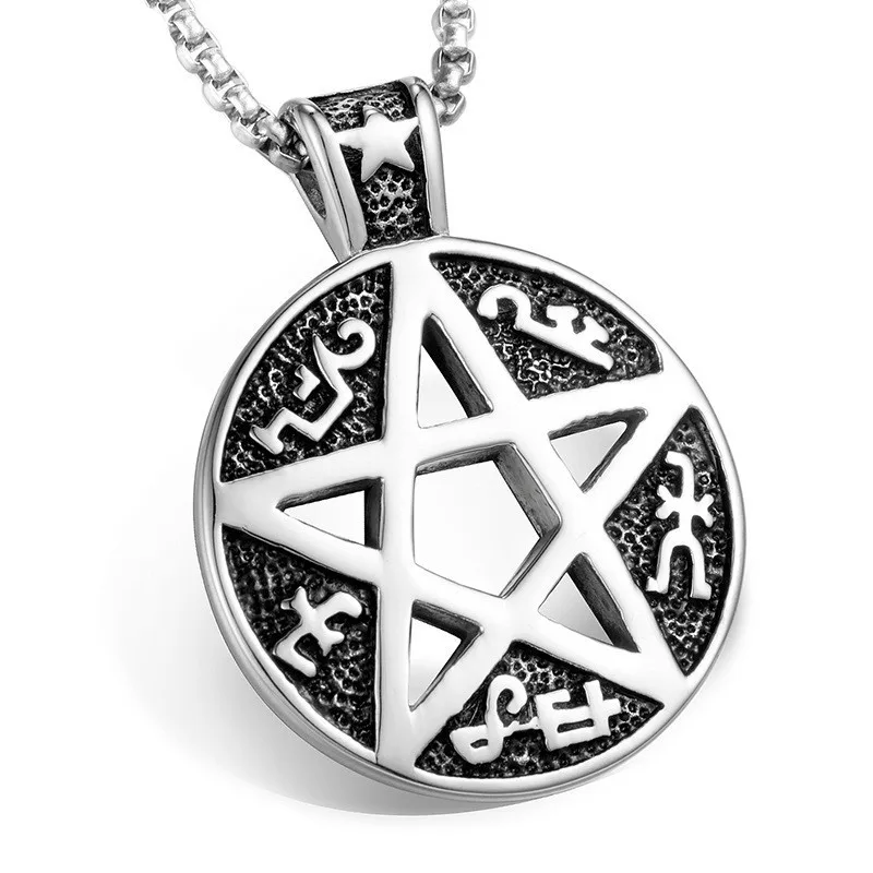 

AETEEY Titanium Steel Pentagram Necklace Hiphop Rock Vintage Engraved Pendant Jewelry