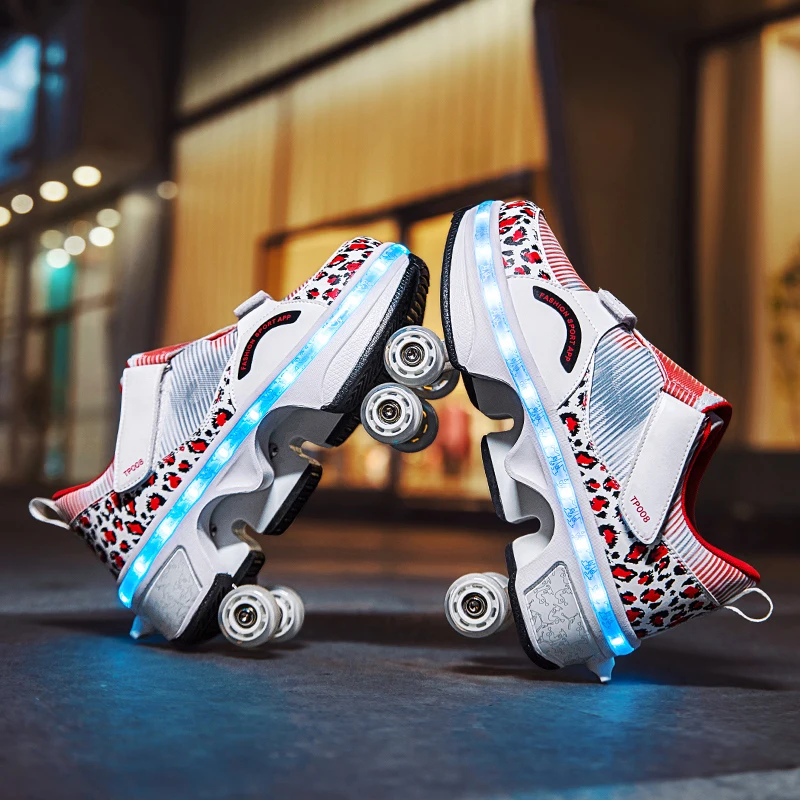 Casual Sneakers Walk Roller Skates USB Charging Four Wheel Skates for Adult Men Women Unisex Child Deform Wheel Led Light Shoes