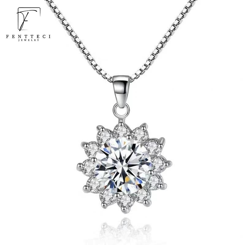 

FENTTECI Luxury Sunflower Solid 925 Sterling Silver Platinum Plated Moissanite Pendants Necklace Jewelry for Women Anniversary