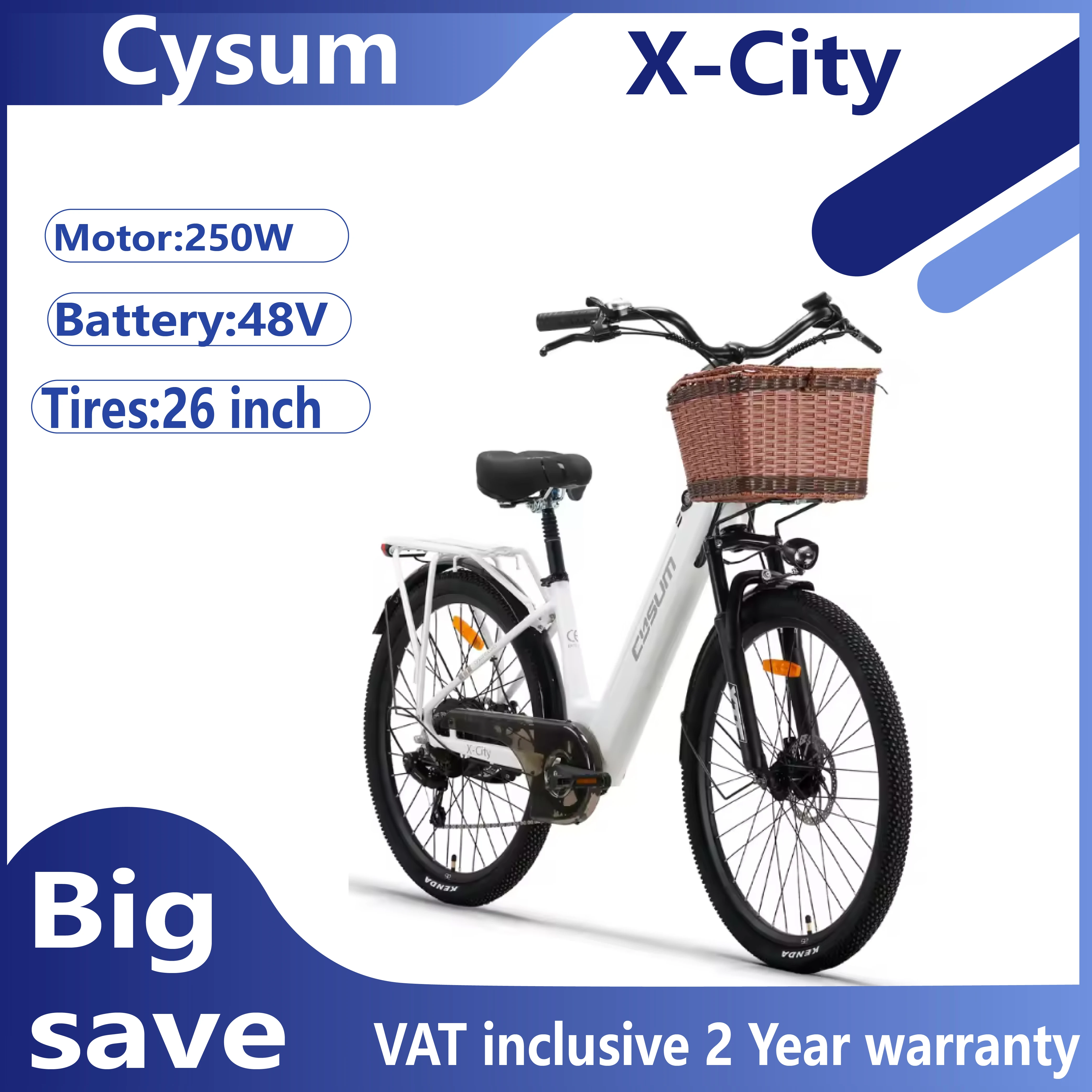 Cysum X-City E-Bike adulte 250W E-Bike pour hommes 48V 10.4ah batterie 26 pouces pneu City E-Bike