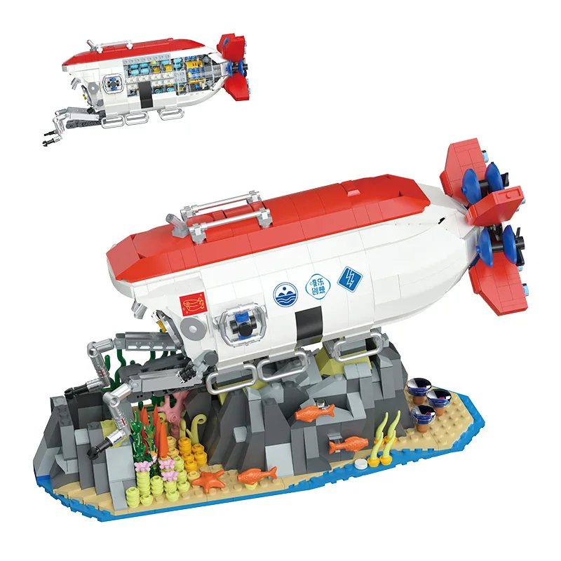 IDEA Mini Block City Submarine Operations Vehicle Model Building Brick Manned Submersible Educational Toys With Light For Gift