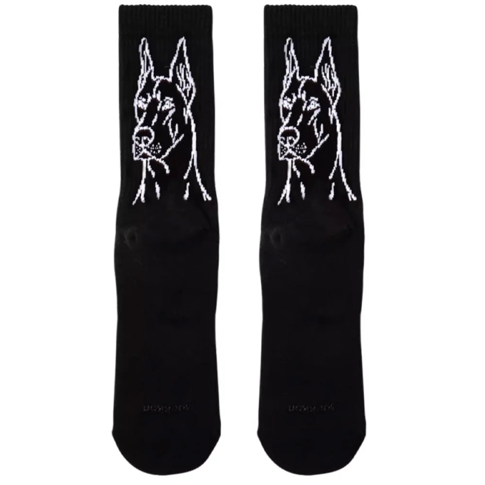 

Men's Black Hound Dog Head Pattern Sports Fitness Basket Football Towel Bottom High Cylinder Thick Cotton Socks