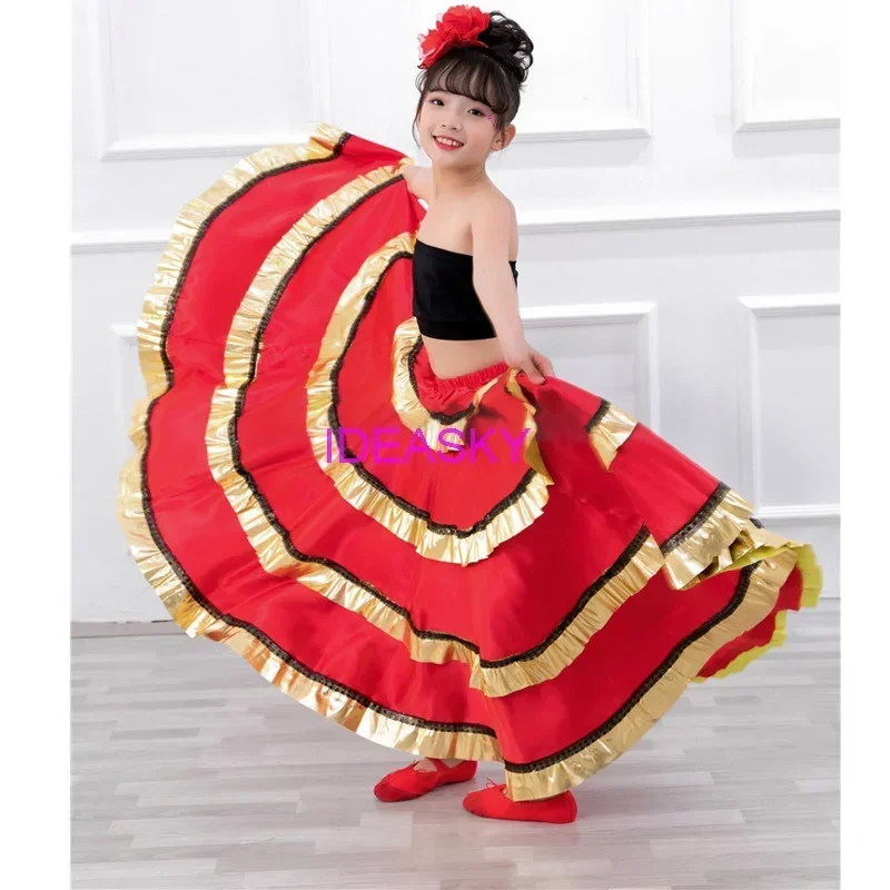 Trajes de dança espanhola para crianças, vestido vermelho longo estilo flamenco, saia de salão para meninas, roupas de criança