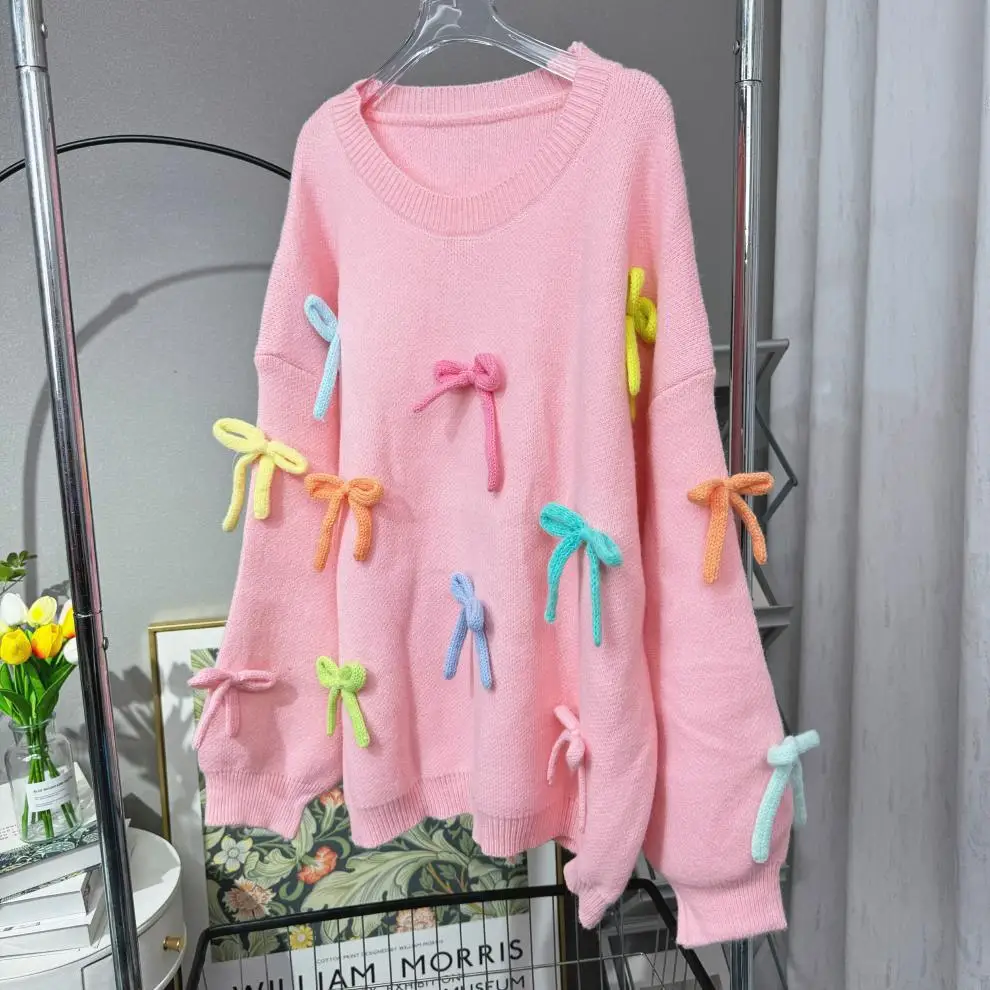 Large Size Sweater Women Autumn and Winter New Loose Bow Knitted Sweatshirt Jumper Women Korean Fashion Sweet Pink Sweater Coat