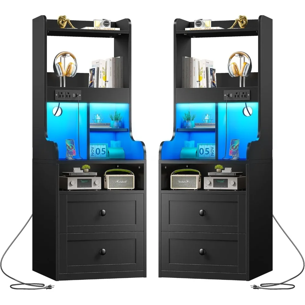 

2-Piece Tall Nightstand with Charging Station and LED Light, Large LED Nightstand with USB Ports and Sockets