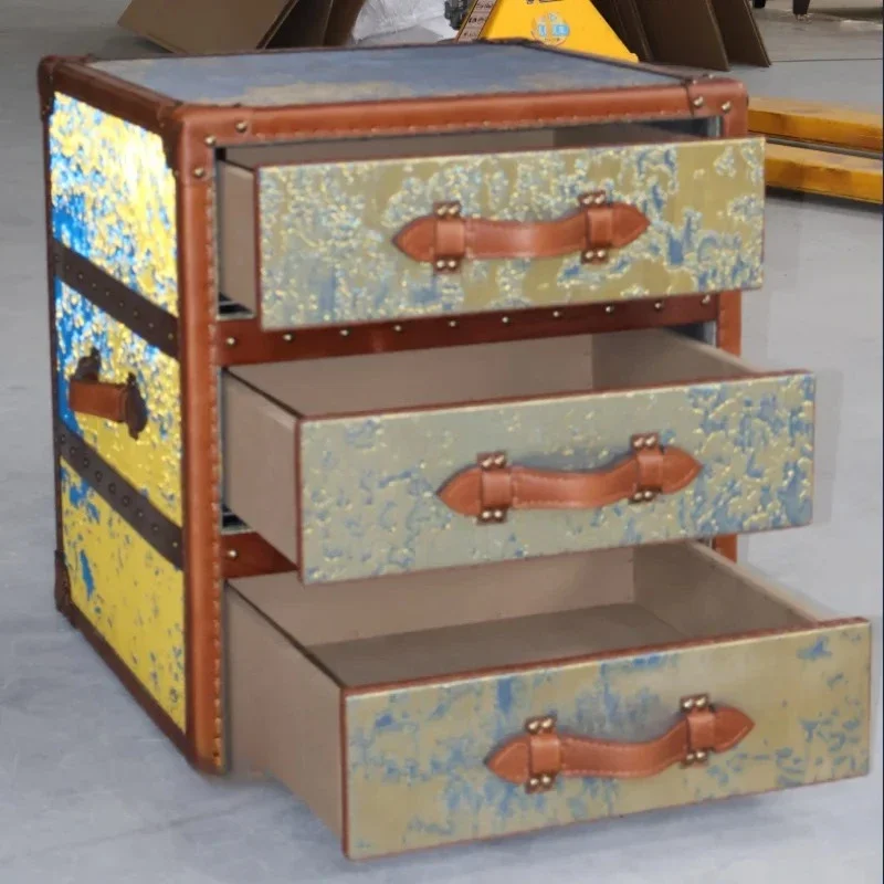ODM New Design Metal Brass Wire Genuine Leather Side Table Luxury Living Room Decorative Cabinet 3 Drawers Bedroom Bedside Table