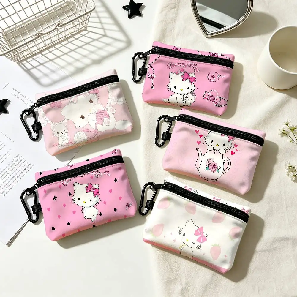 C-Charmmy Kawaii K-Kitty Portable Oxford Fabric Mini Wallet Carabiner Design Small Coin Bag For Cards Keys Earphones
