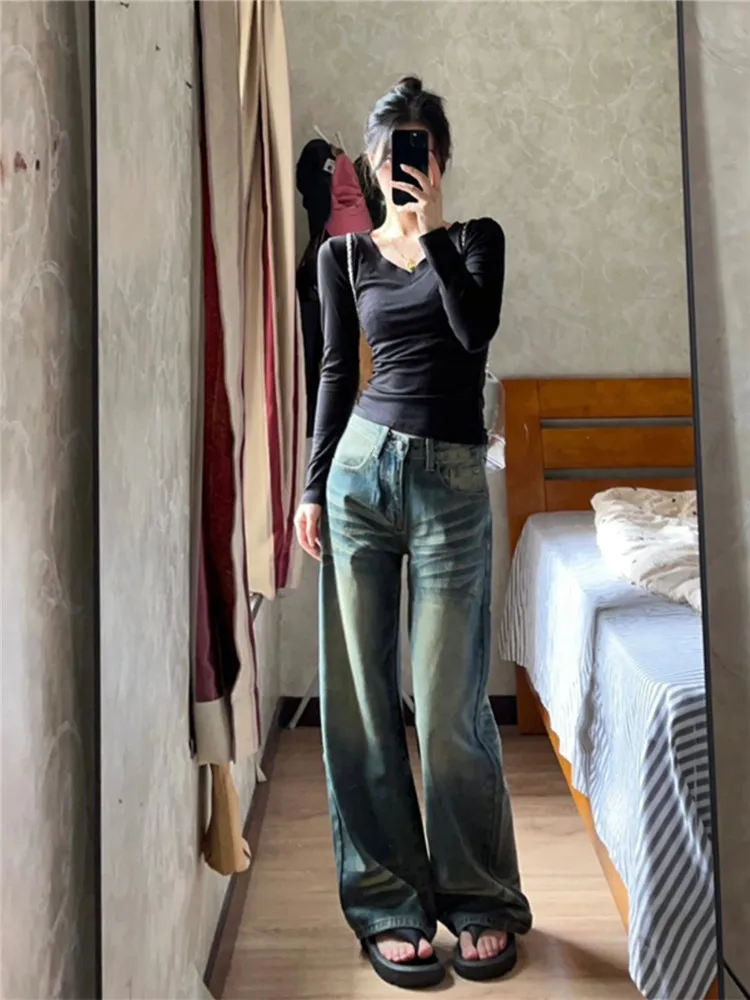 

American Retro Wide Leg Denim Jeans Women Low Waist Slimming Faded Long Floor Length Pants Spring Autumn High Street