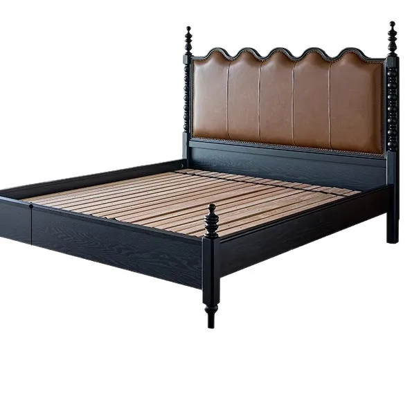 French retro double solid wood leather soft bag bed Senna bed master bedroom large bed American cowhide 1.8 meters ripple bed