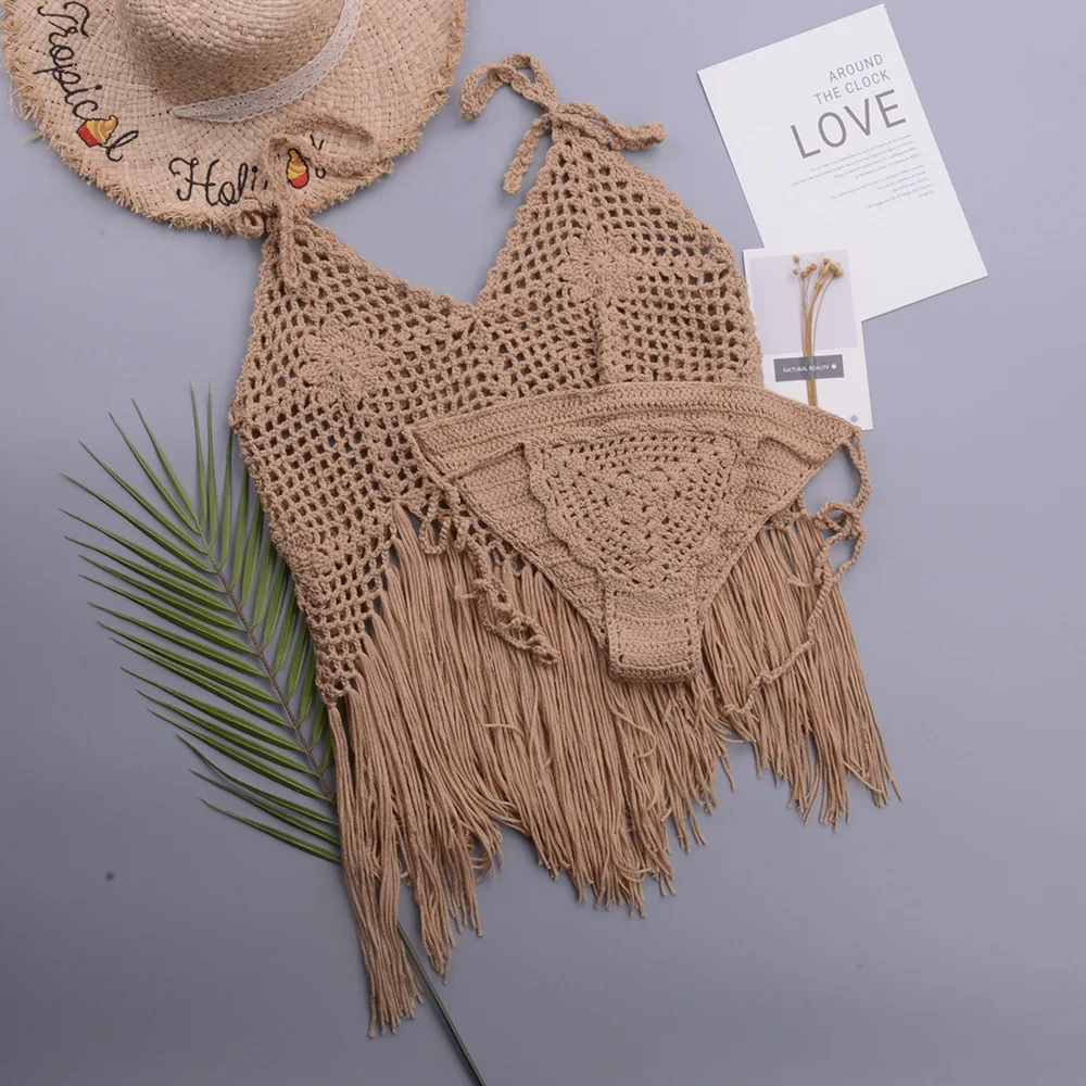 2025 Sexy Crochet Bikini Set Handmade Beach Swimwear Boho Lace-Up Two Piece with Cutout Design Solid Hollow Out Swimsuit Female
