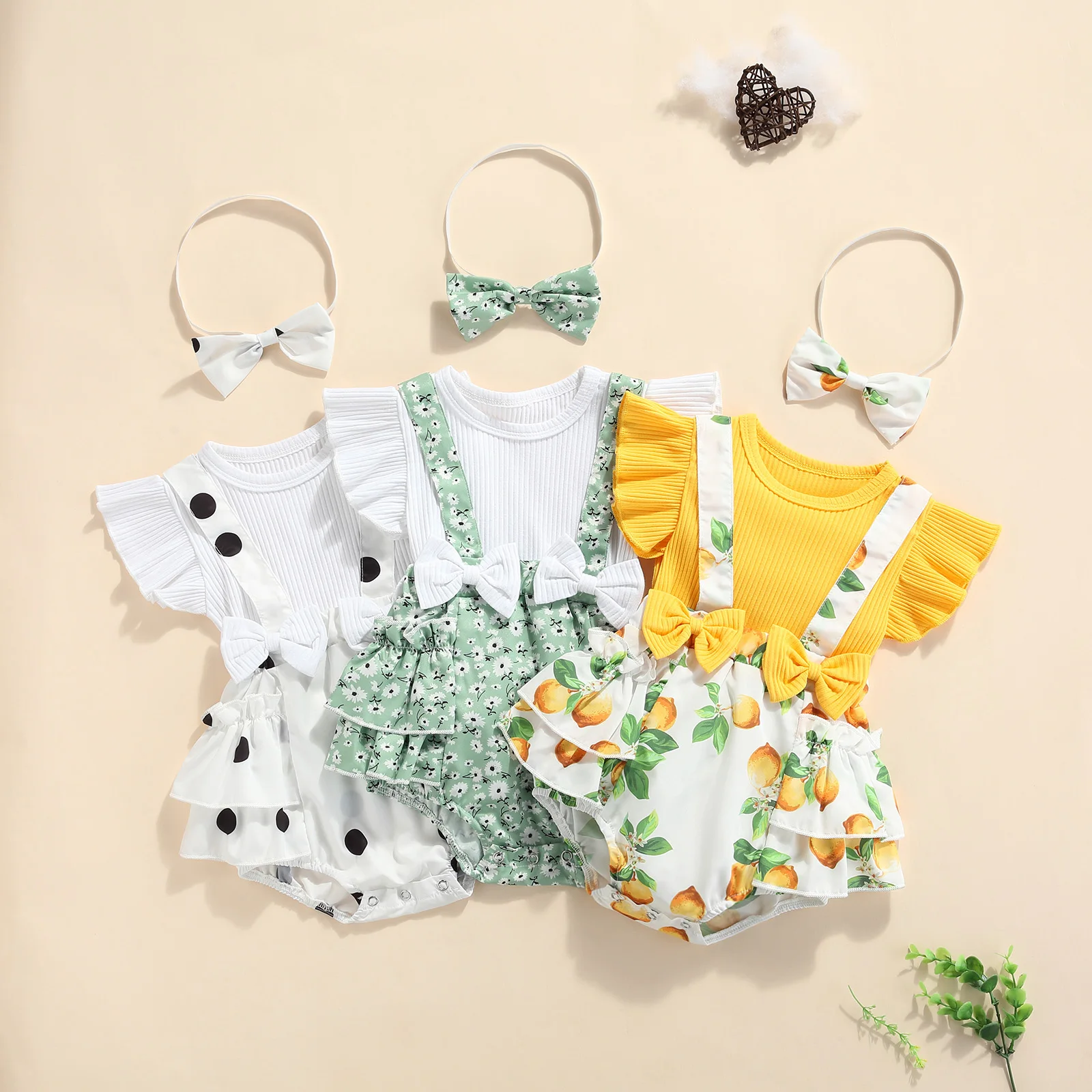 

2Pcs Baby Girls Romper Dress Sweet Style Toddlers Summer Floral Printing Fly Sleeve Splicing Jumpsuit + Bow Headwear Set