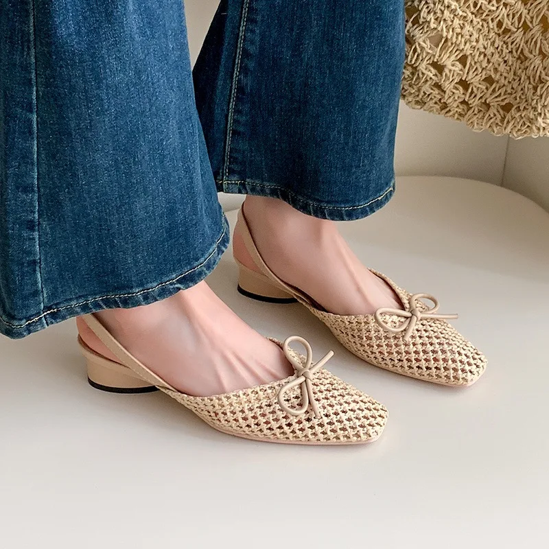 

Woven Bow Back Strap Design Sandals Women's Summer New Square Head Shallow Mouth Single Shoe Comfortable Elegant Cool Pumps