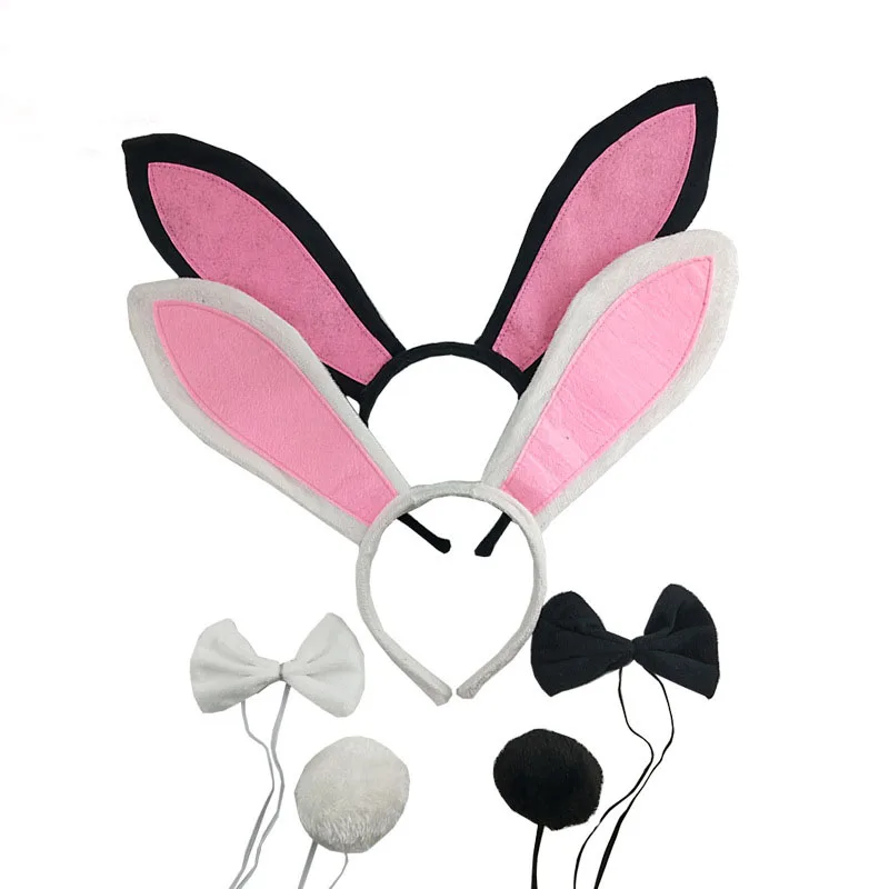 Bunny Ears Cute Headband Plush Rabbit Hair Hoop Tail Bow Tie Set  Party  Bar Cosplay  Decor Props  Easter    Halloween