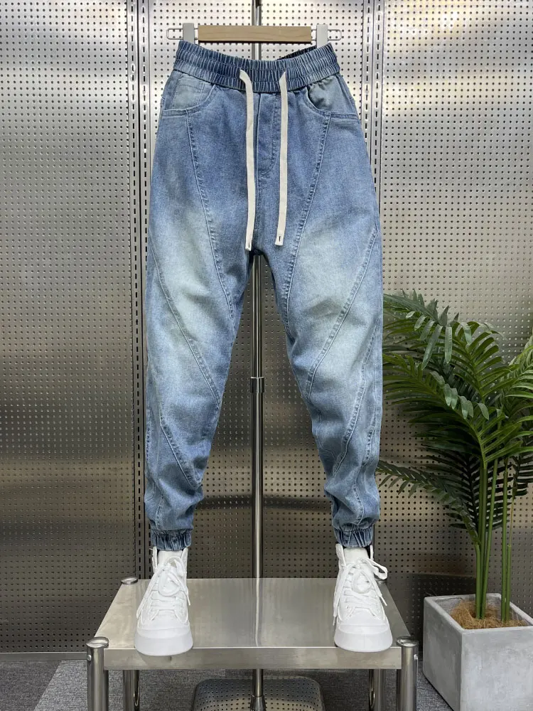 

Spring New Sle Men's Blue Waed Denim Jeans Trendy Patchwork Cuffed Nine Points Korean Version Elastic Slim Harlan Pants