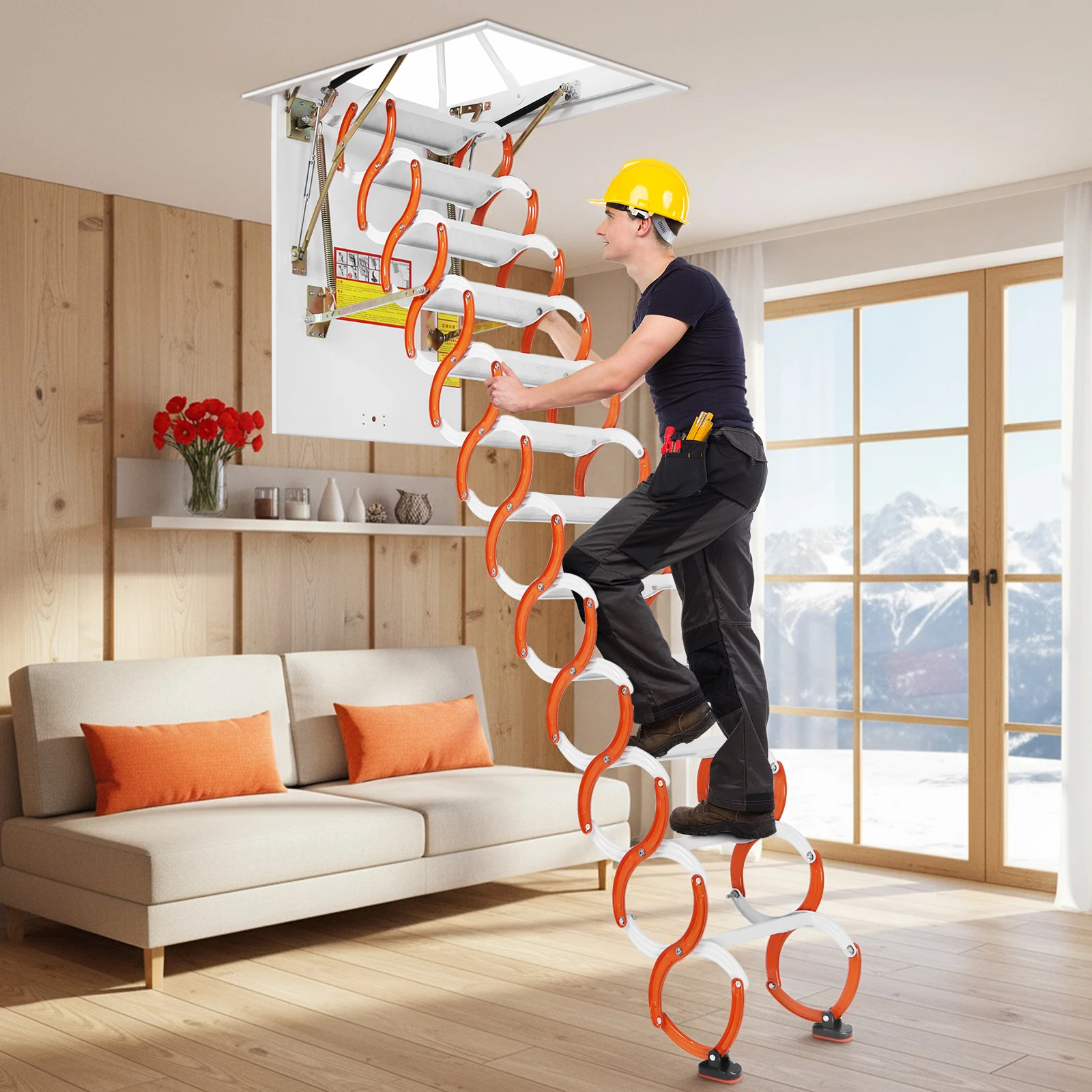 12 Step 10.17ft Adjustable Ceiling Mount Attic Ladder Load Capacity 661Lbs Folding Ladder Extension Loft Stair for RV Storehouse