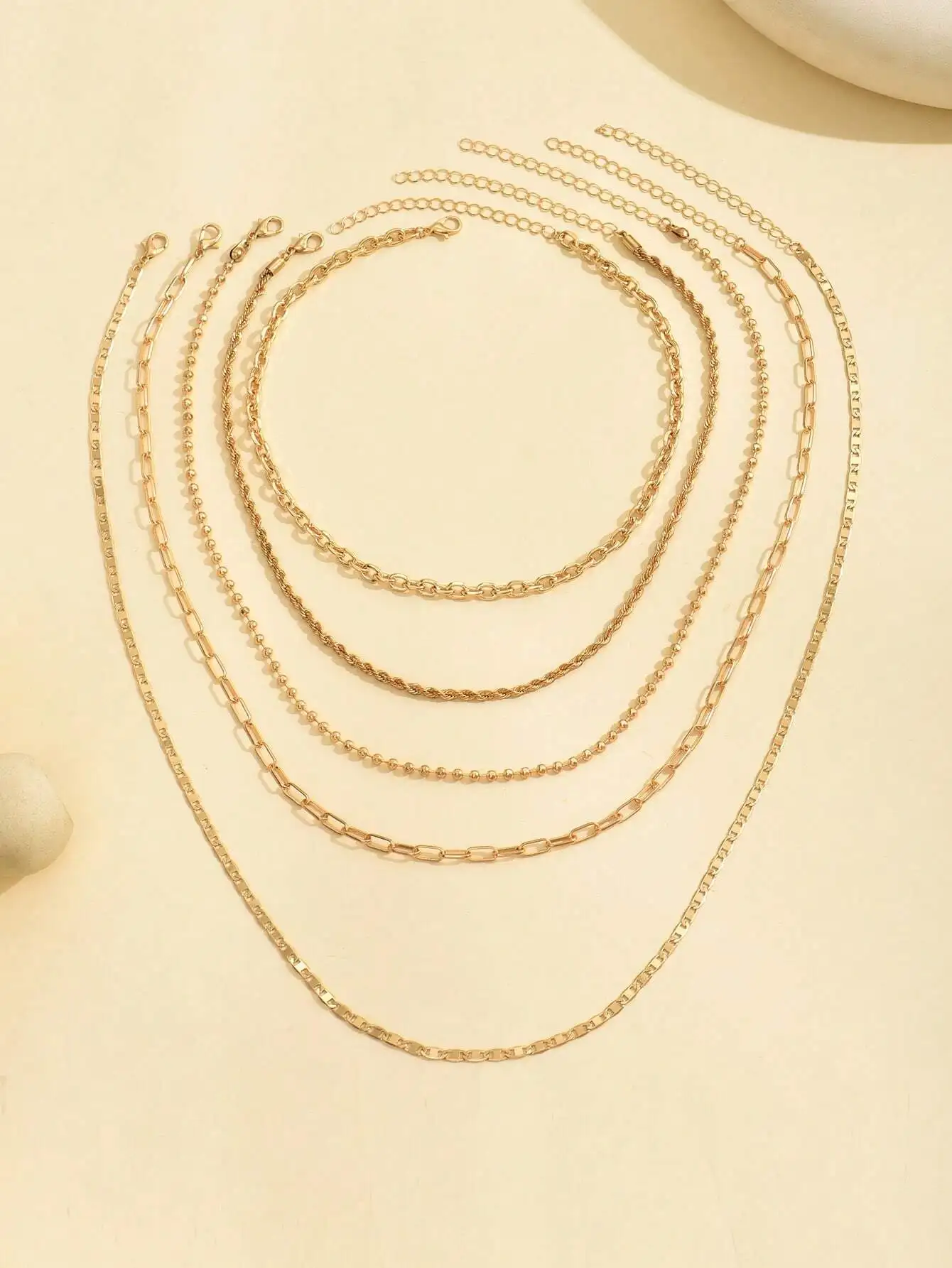 5pcs/Set Simple Braided Bead Chain Necklaces, Gold Tone, Layered Pendant Necklace Set For Women Daily And Party Wear