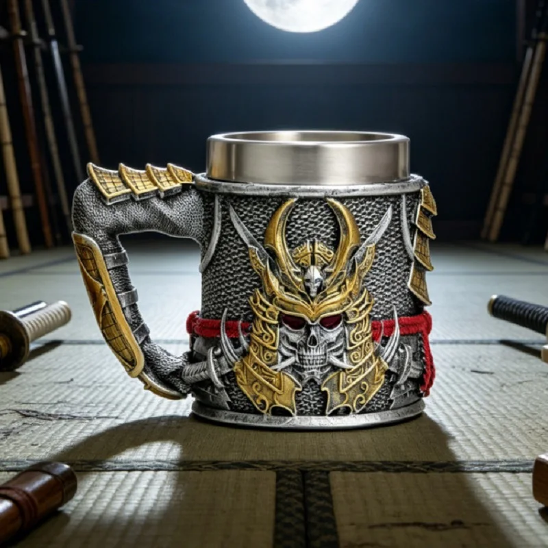 Samurai Skull Mug Japan Armor Beer Mug Resin Stainless Steel Insert Stein Tankard Drinkware Coffee Cups