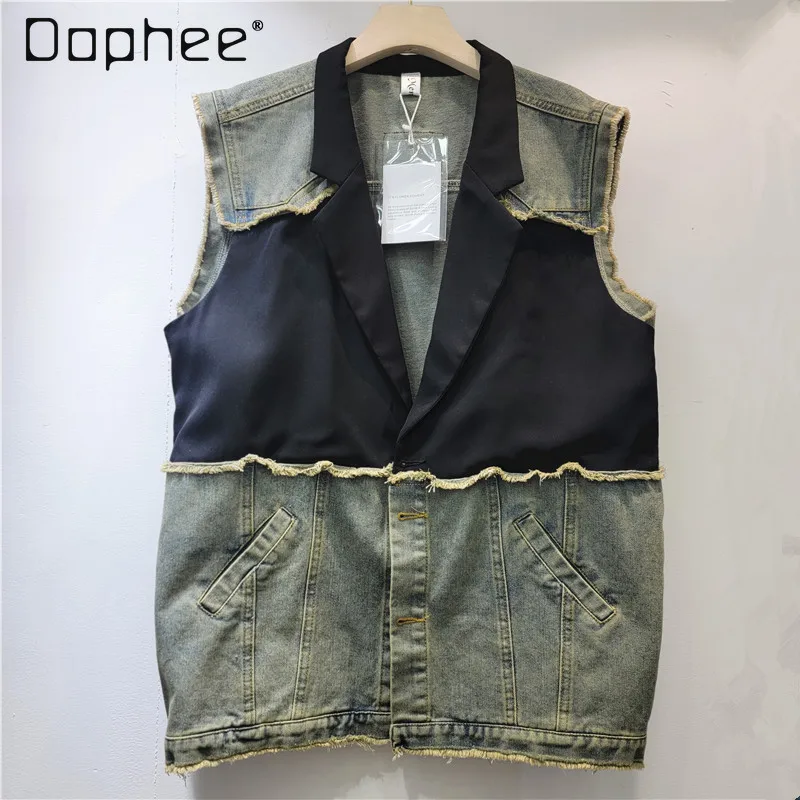 

Denim Vest Patchwork Raw Edge Turn Down Collar Sleeveless with Pockets Two Button Contrast Color Loose Jacket Coat Retro