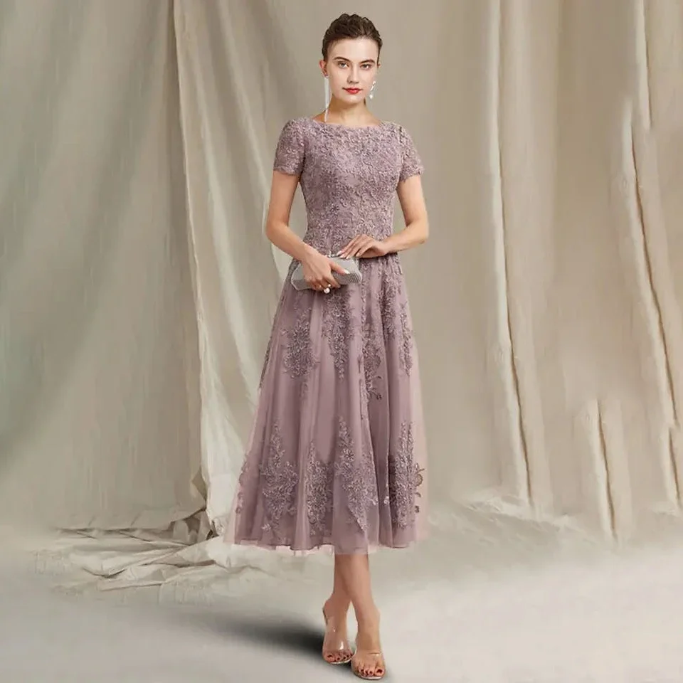 

Custom Made Mother of the Bride Dress Elegant Chiffon Lace Short Sleeve Appliques Tea Length Guest Party Gowns Robe De Soiree