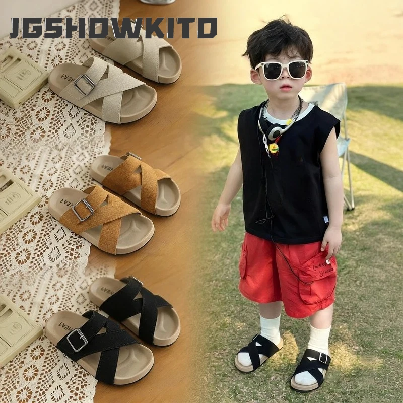 

JGSHOWKITO Outdoor Toddler Boy Slippers New Solid Color Girl Causal Hollow-out Shoes for Child Beach Non-slip Kids Flat Slippers