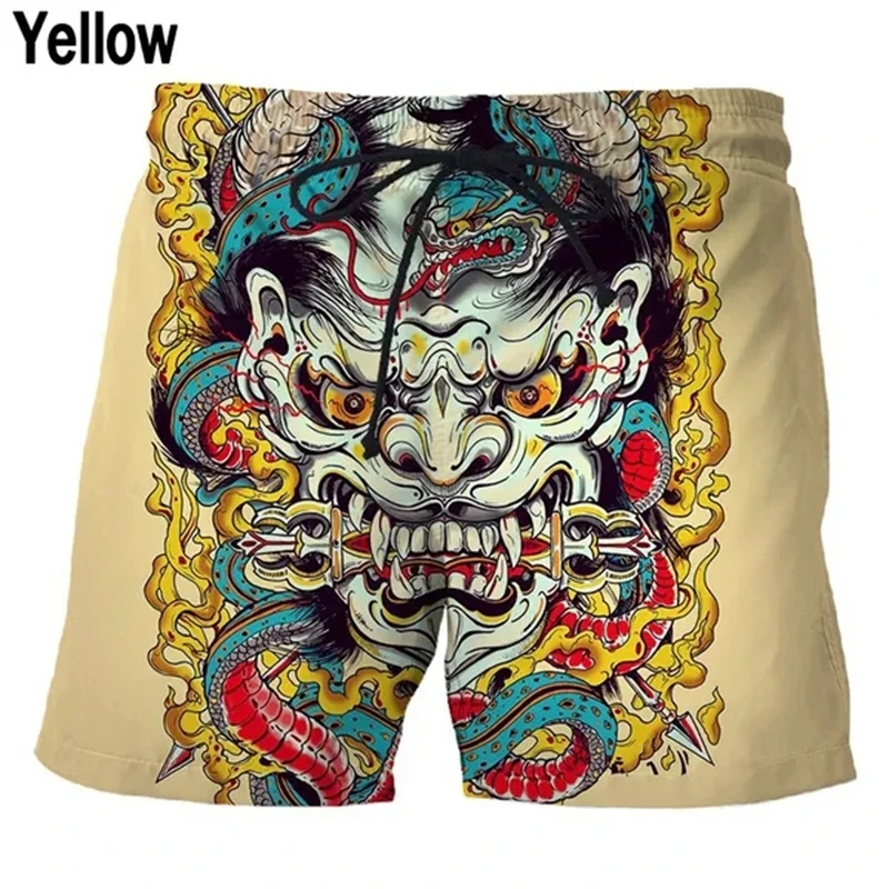 Summer Japanese Tattoo Mask Pattern 3D Print Beach Shorts Men Women Casual Trunks Surfing Board Shorts Swimwear Kids Clothing