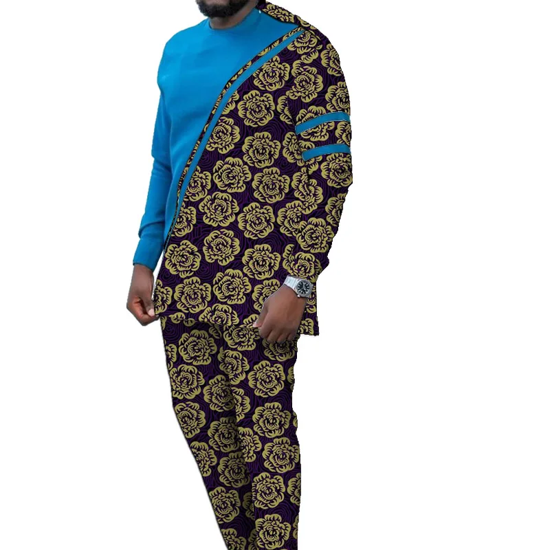 NigWin Styles-Haut patchwork imprimé bleu et avertissement pour hommes, chemises avec pantalons, vêtements de fête de mariage pour hommes, mode africaine