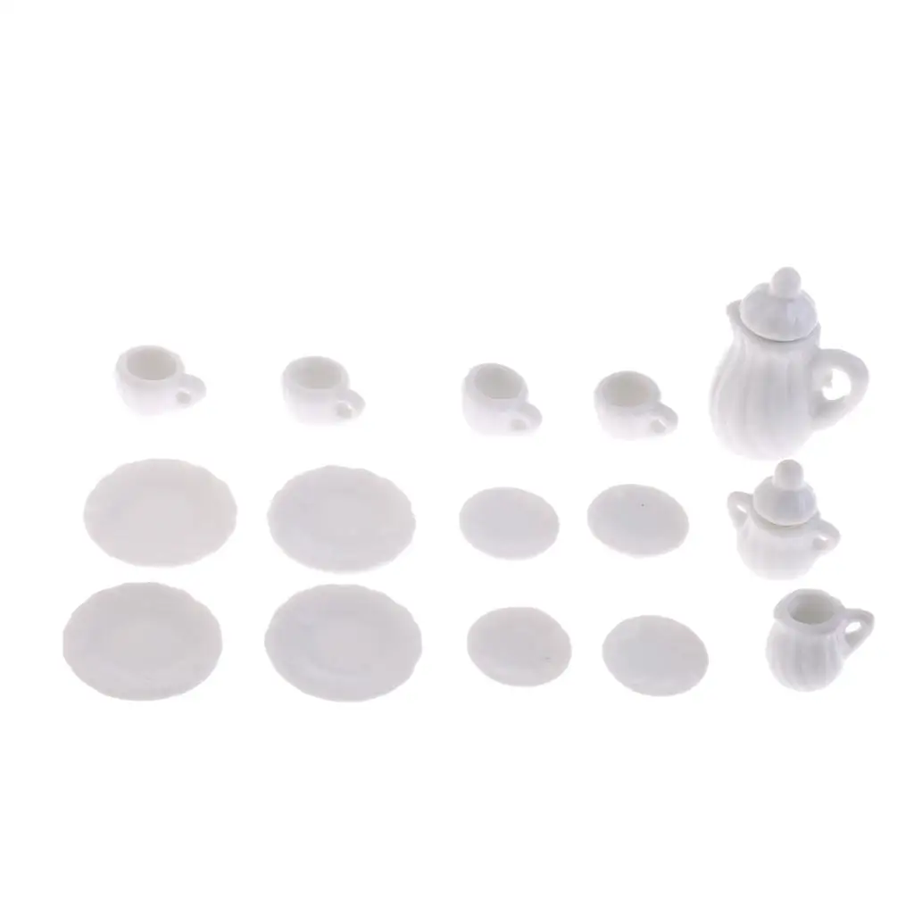 

12th Miniature White 15pcs Porcelain Tea Set for Dolls House Table Accessory