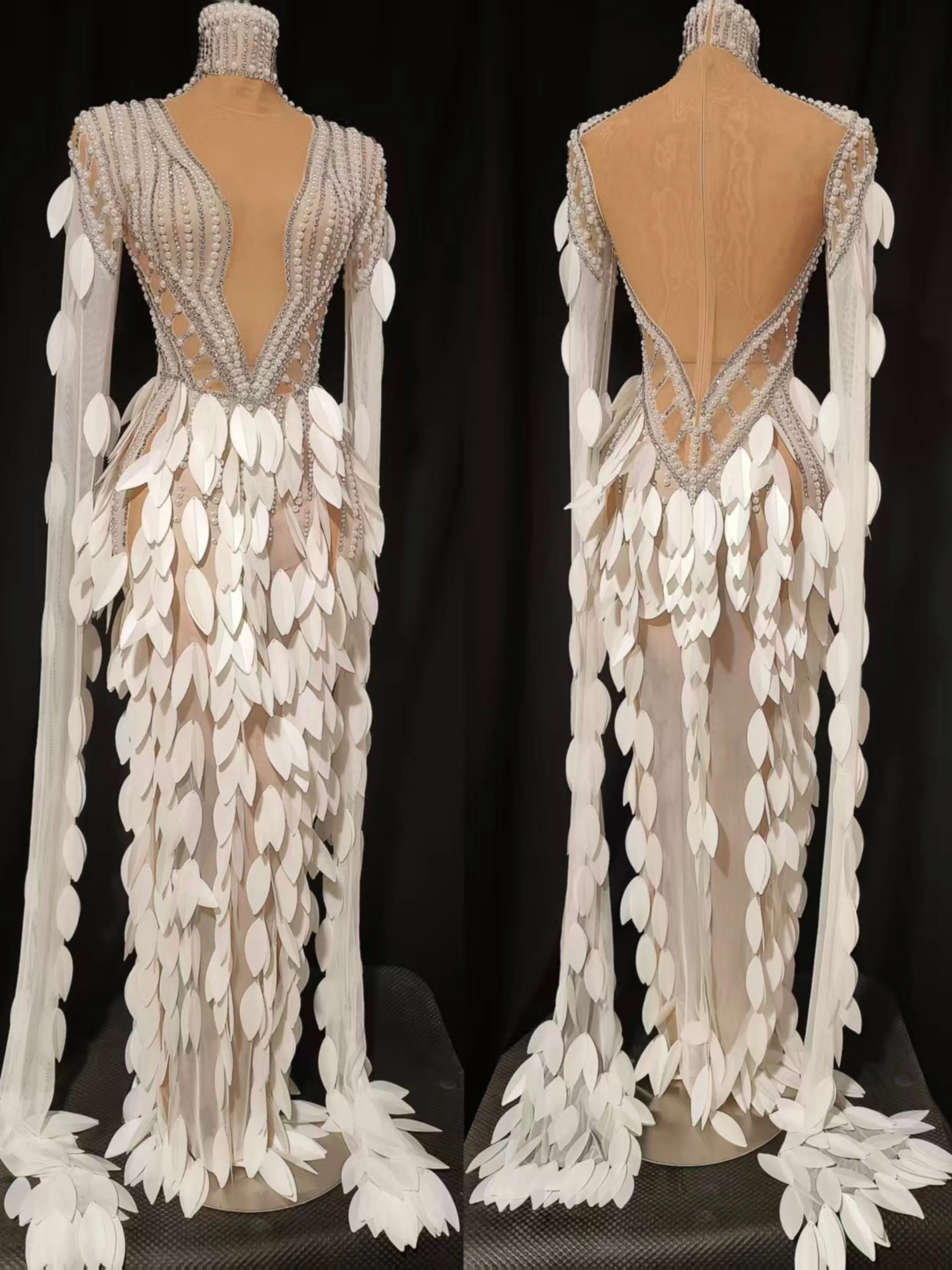 Saia de tule em camadas de folhas brancas 3d, tapetes vermelhos, apresentações de palco, festa à noite, elegante, decote em coração, vestido de contas de cristal