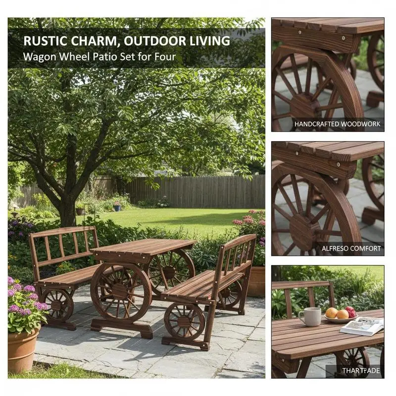 Patio Table and Chairs for 4 People, Wagon Wheel Design, Outdoor Furniture Set for Backyard, Garden, Carbonized