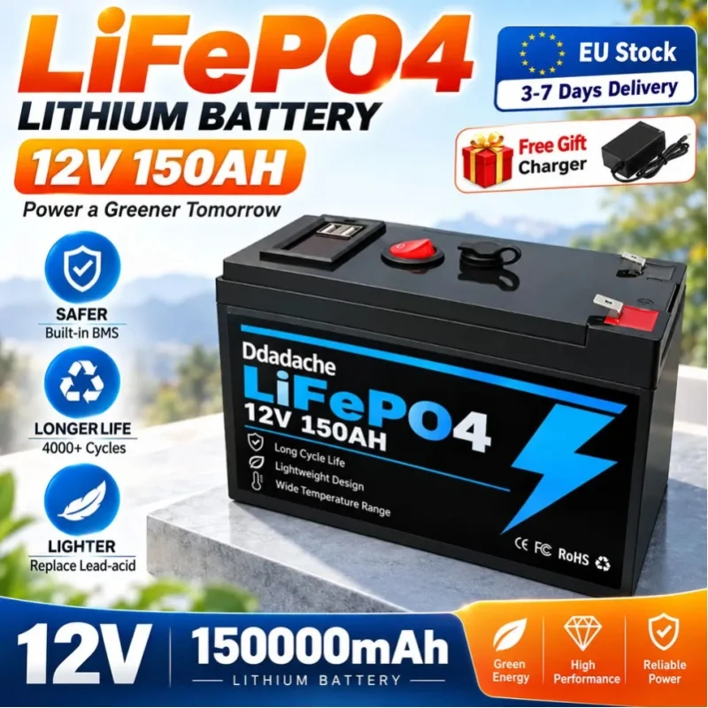 12V 150Ah LiFePO4 Lithium-Batterie mit integriertem BMS, 4000+ Tiefentladungen, Polen-Lager, für Solarpanel, USV, Kajak, Fischfinder, Radio
