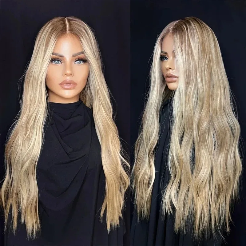 Ash Platinum Blonde Dark Roots Synthetic Lace Front Wig With Preplucked Realistic Hairline Wig Natural Looking Cosplay For Women