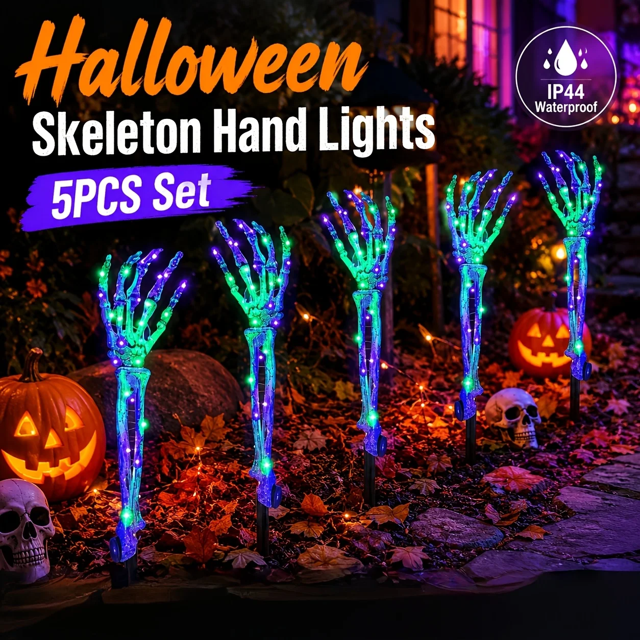 5-Pack Solar Halloween Skeleton Arm Stakes Auto 8 Lighting Modes Purple Green LED Lighted Skeleton Hands  for Halloween Decor