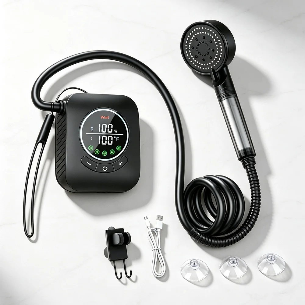 1 Set Lightweight Open Air Bathing Kit Battery Powered Water Spraying Wand Camping Hiking Vehicle Washing Multi Scene Water Tool