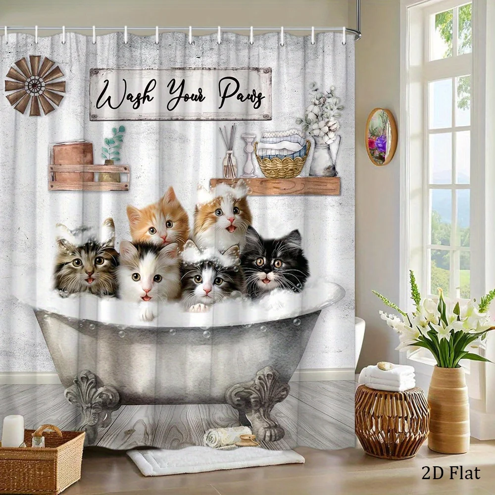 One Playful Shower Curtain Featuring Kittens in a Vintage Clawfoot Tub Surrounded by Bubbles, Perfect for a Cozy Rustic Bathroom