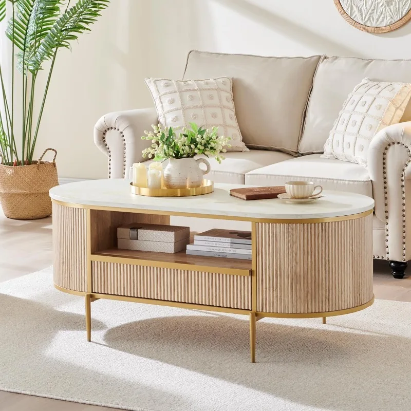 Moderne luxe gecanneleerde salontafel, 48 inch ovale salontafel met lade, kunstmarmeren blad, gebogen profielontwerp, goudkleurig metaal december