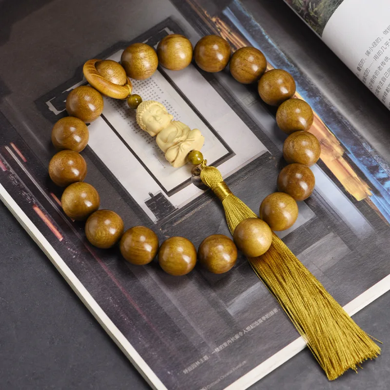 Golden nanmu wood hand-held pendant, , car interior accessory, gear shift Buddha , tassel prayer bead