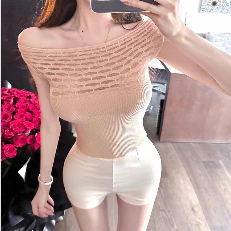 

Корейский вязаный жилет телесного цвета с вырезом Pure Desire, облегающий вязаный жилет на одно плечо, женский летний сладкий и пряный топ для девочек