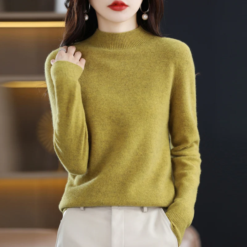 100% Merino pure wool sweater ladies autumn and winter new semi-turtleneck knitted long-sleeved solid color warm sweater
